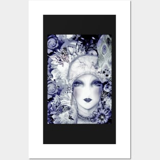 BLUE ART DECO FLORAL FLAPPER COLLAGE ART PRINT POSTER Posters and Art